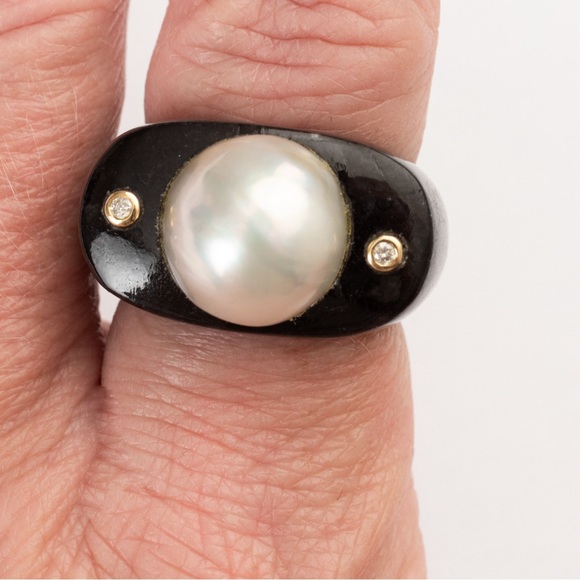 Pearl ring black agate 14K gold diamond accents chunky statement ring luxury 8 - Picture 3 of 16